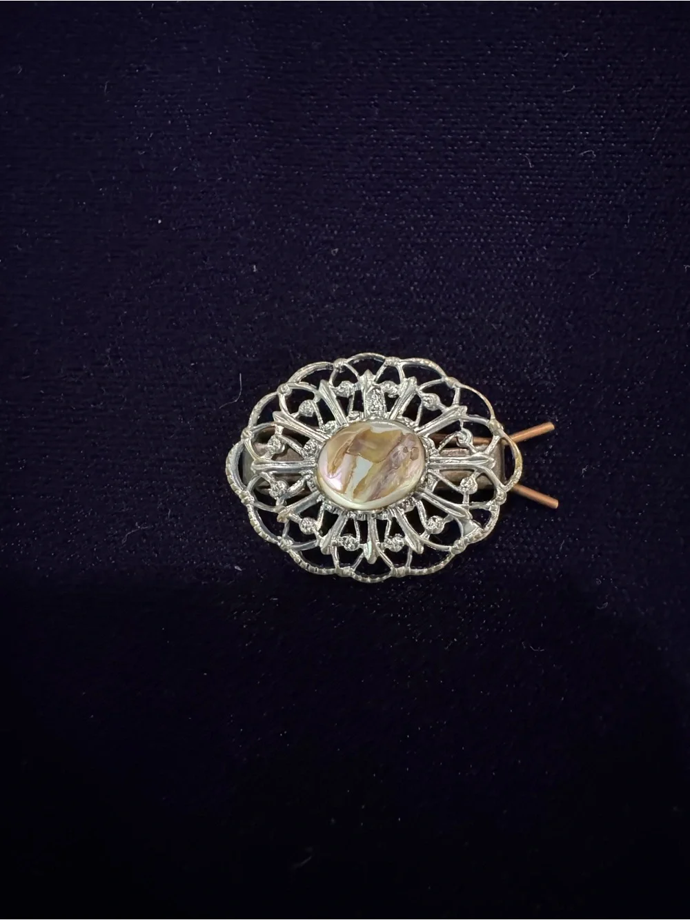 Silver tone Filigree Oval Hairpin with Abalone Center - Women Jewelry